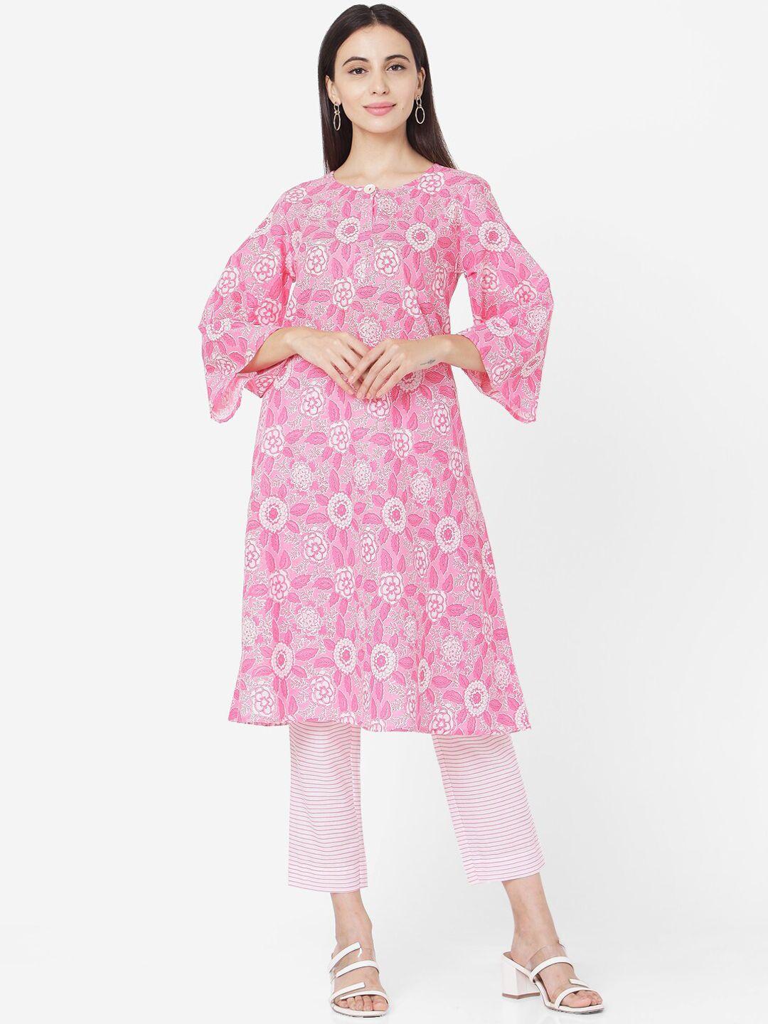 kalini women pink floral printed regular pure cotton kurta with trousers