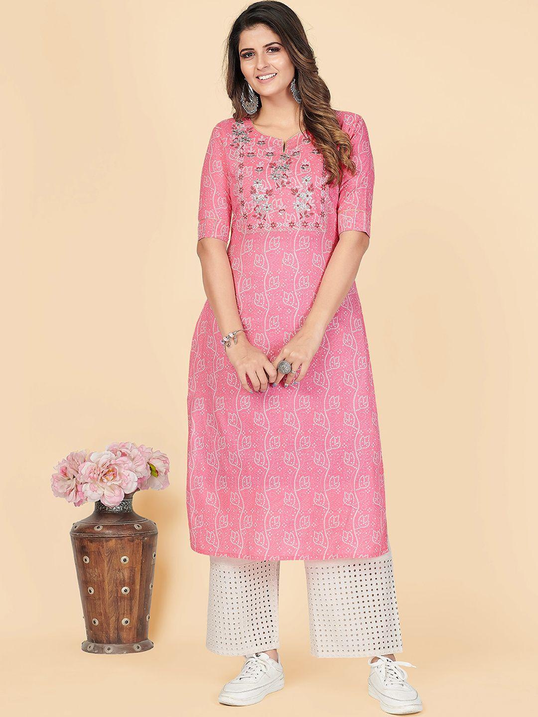 kalini women pink floral printed thread work kurta