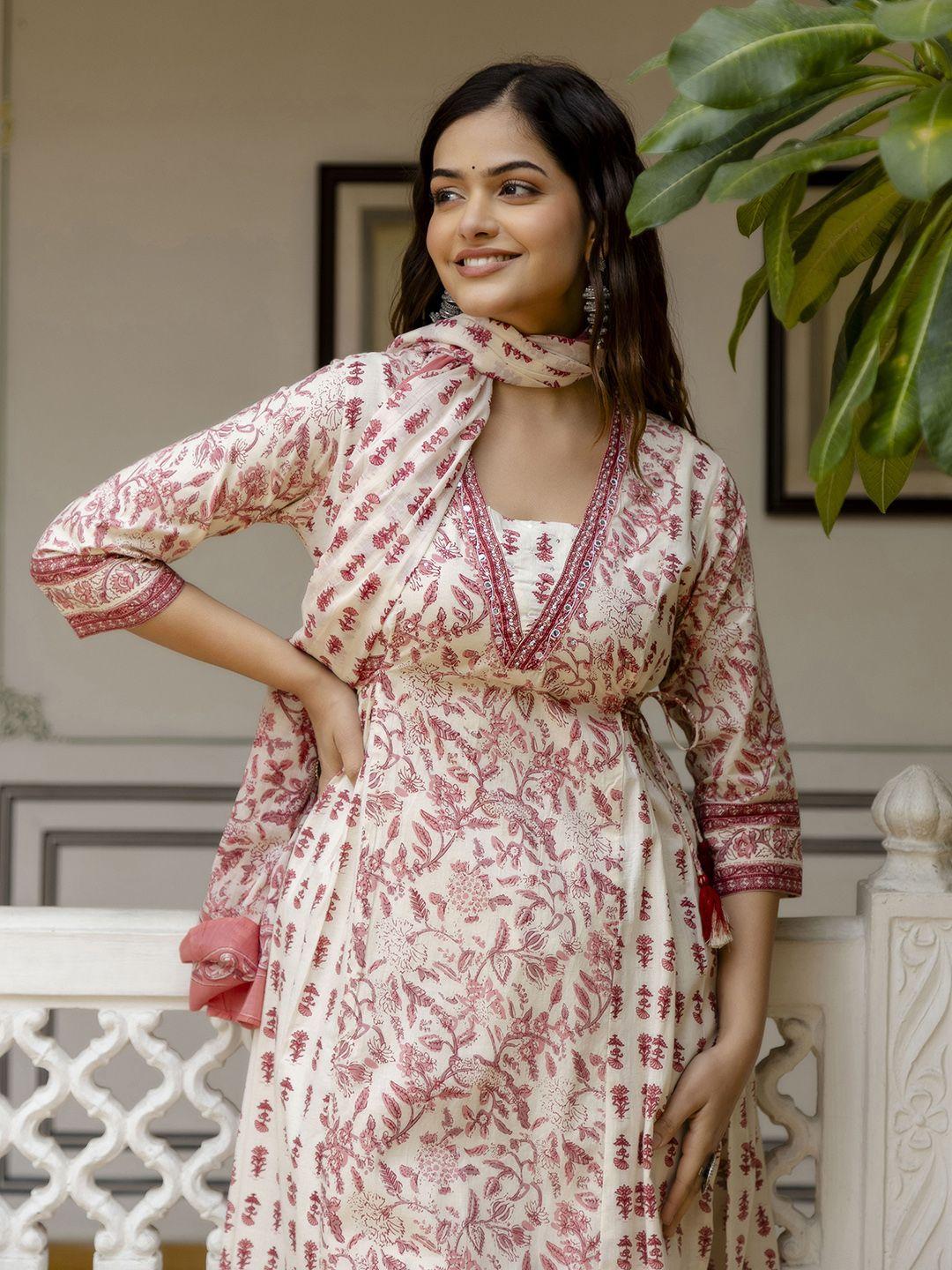 kalini women pink floral yoke design empire mirror work pure cotton kurta with patiala & with dupatta