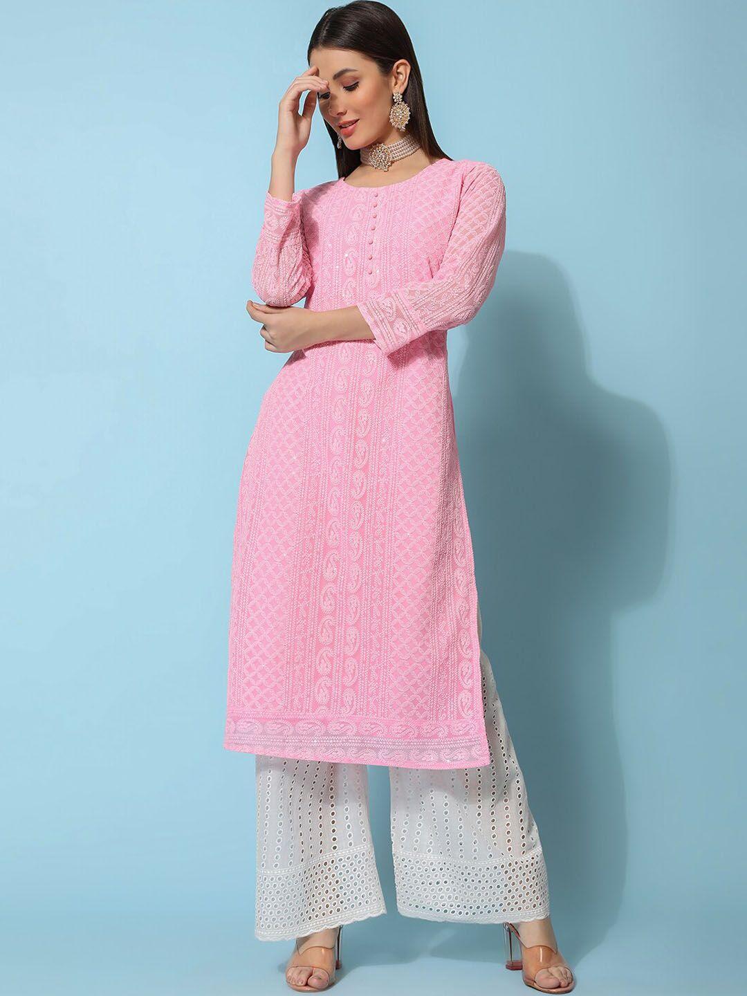 kalini women pink geometric flared sleeves gotta patti georgette anarkali kurta