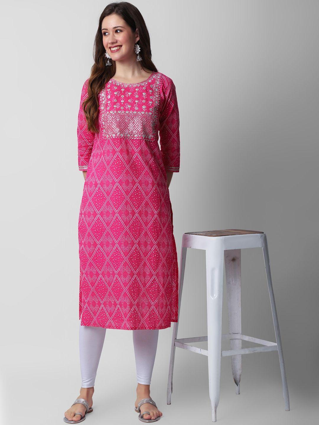 kalini women pink geometric printed flared sleeves thread work handloom kurta