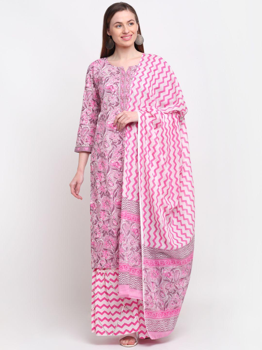 kalini women pink paisley printed pure cotton kurta with sharara & with dupatta