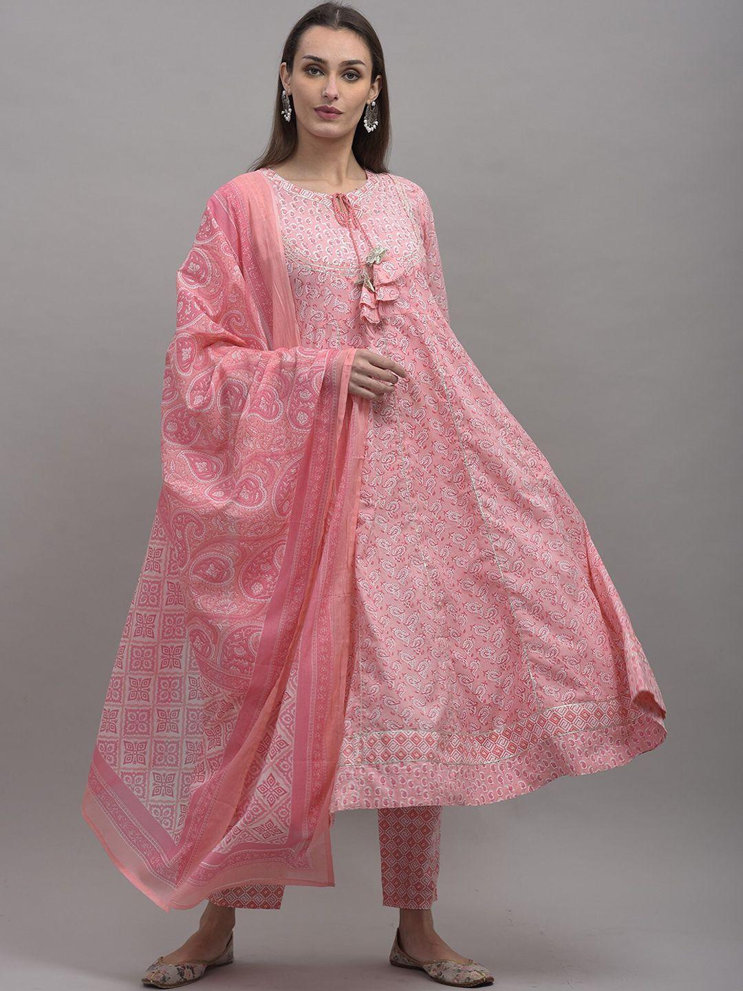 kalini women pink paisley printed pure cotton kurta with trousers & dupatta