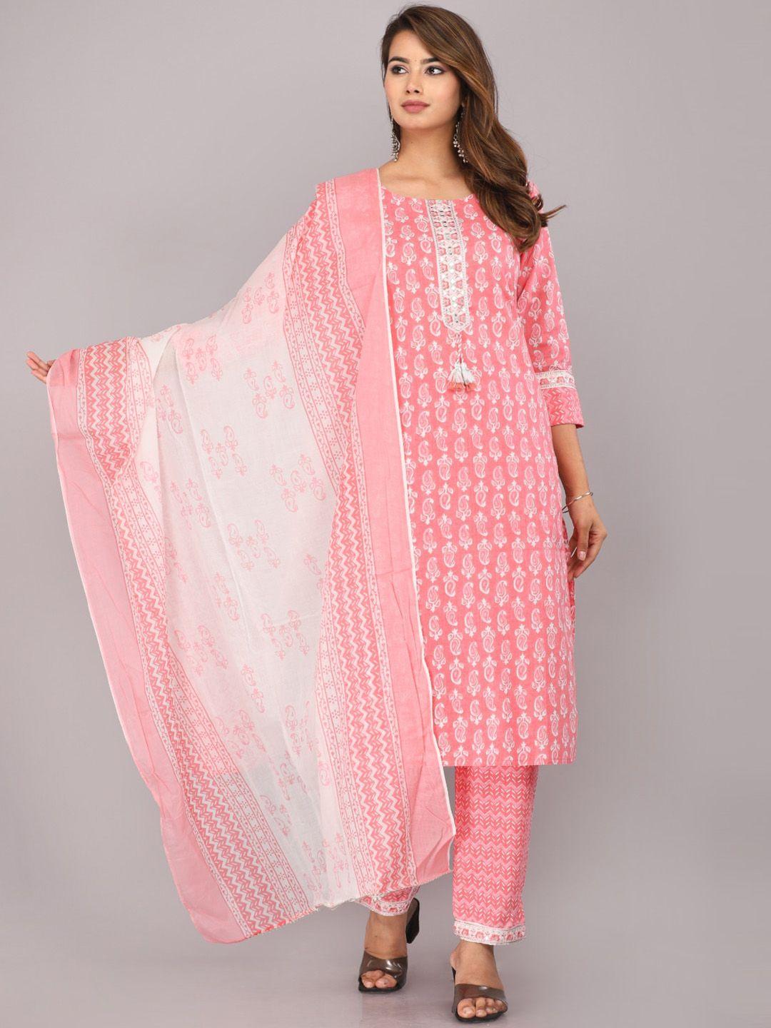 kalini women pink paisley printed regular pure cotton kurta with trousers & with dupatta