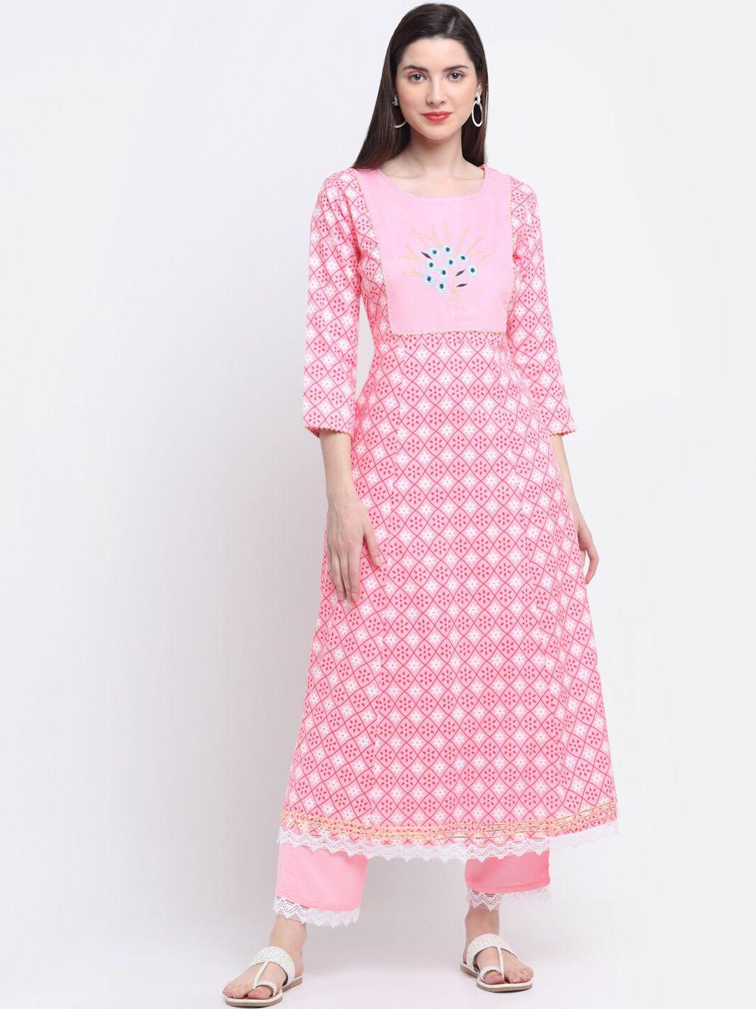 kalini women pink printed & white kurta with palazzos & with dupatta