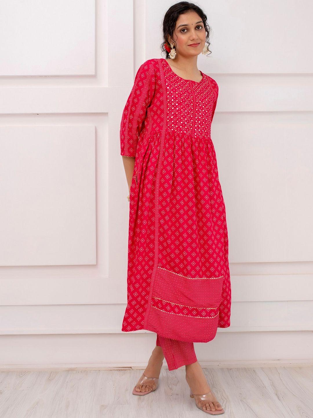 kalini women pink printed empire mirror work kurta with trousers & with dupatta