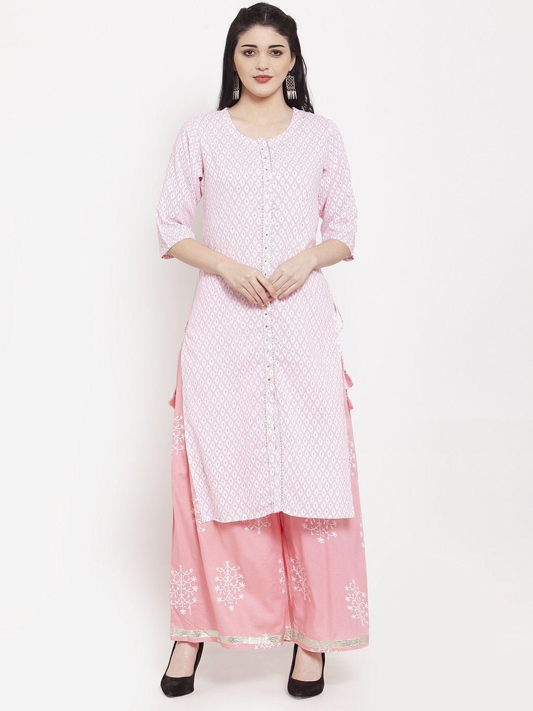 kalini women pink printed kurta with palazzos