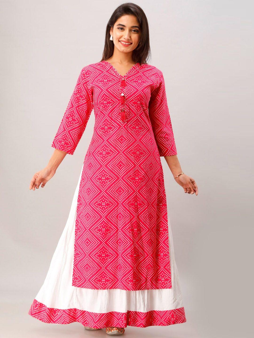 kalini women pink printed pleated kurti with skirt