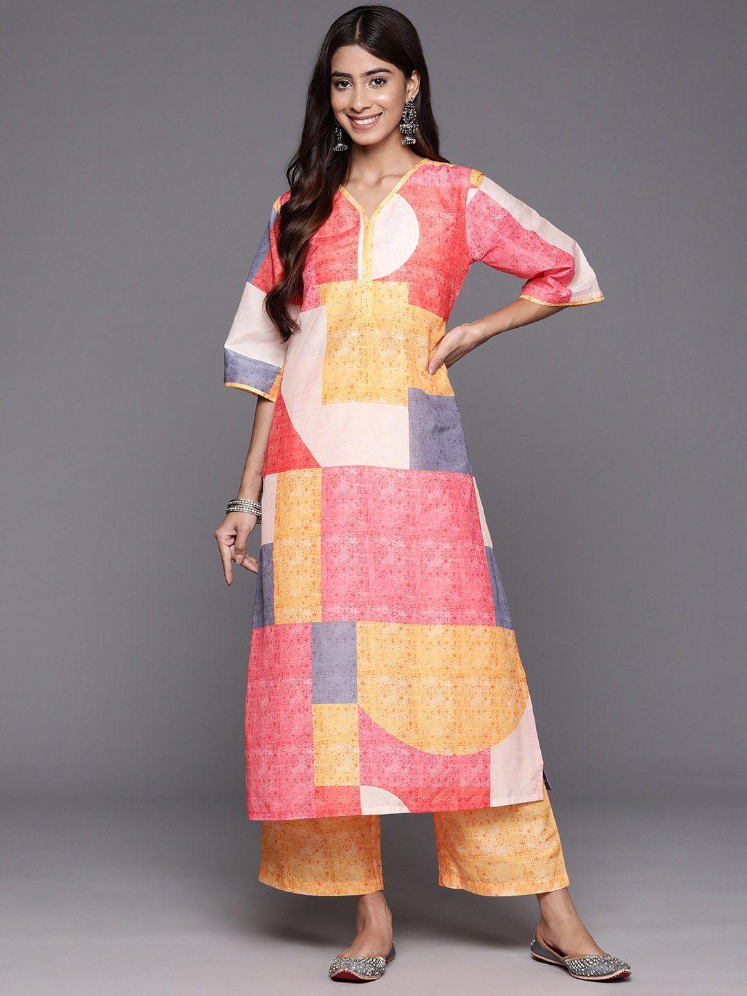 kalini women pink printed regular kurta with trousers