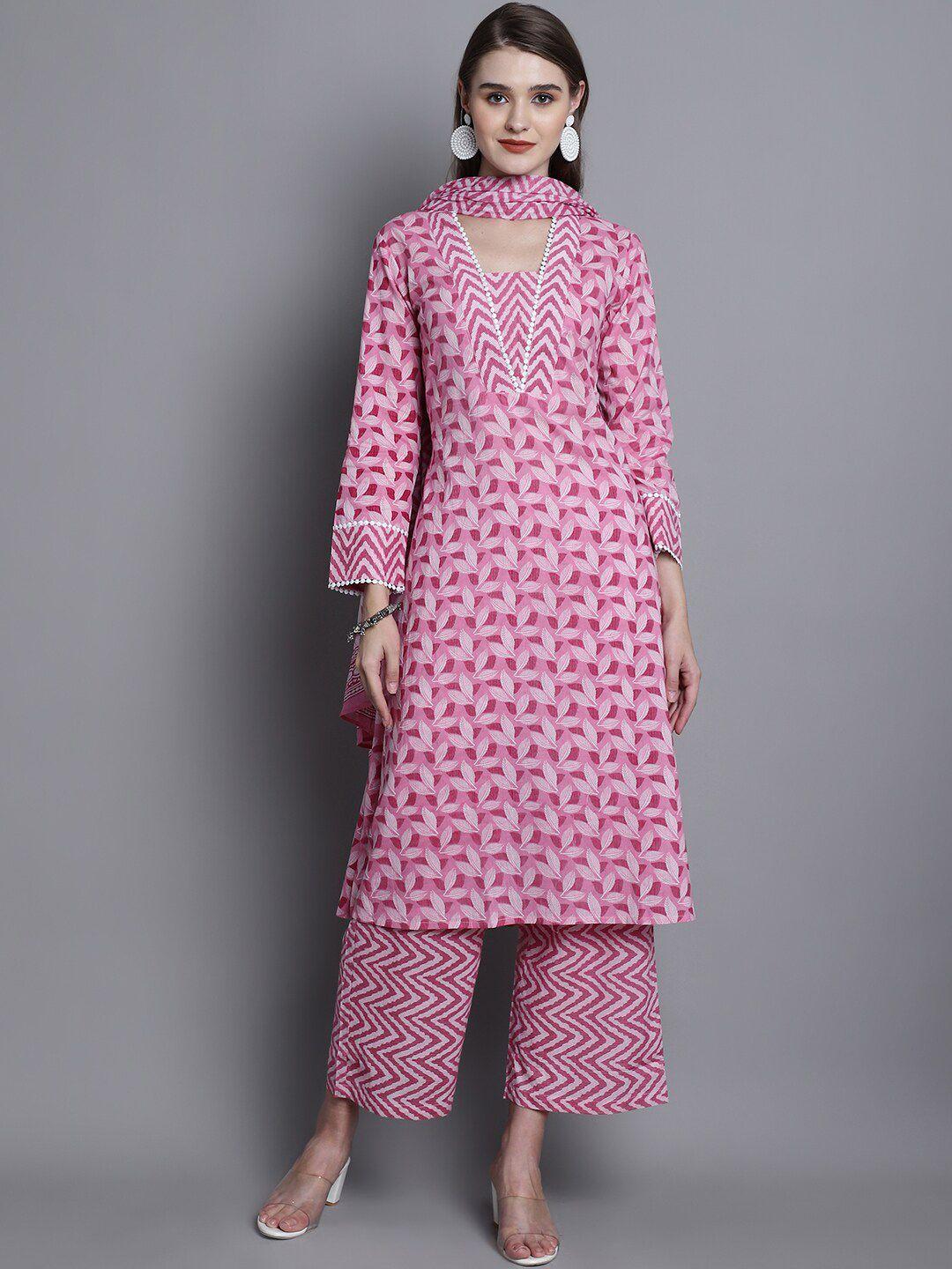 kalini women pink printed regular thread work pure cotton kurta with palazzos & with dupatta