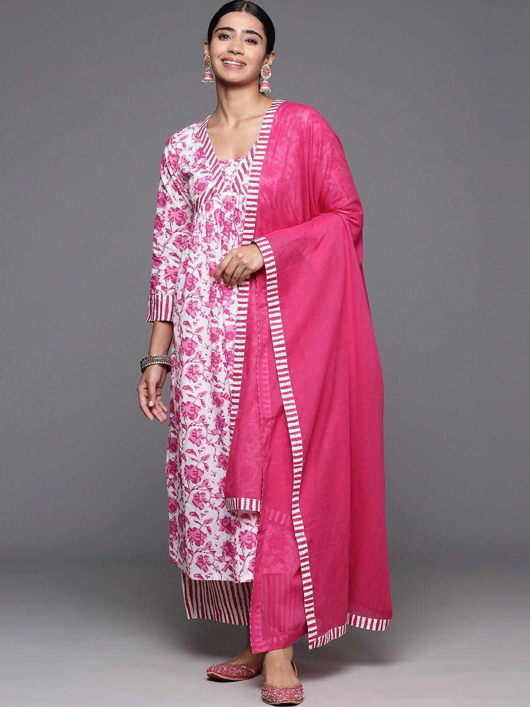 kalini women pink printed regular thread work pure cotton kurta with palazzos & with dupatta