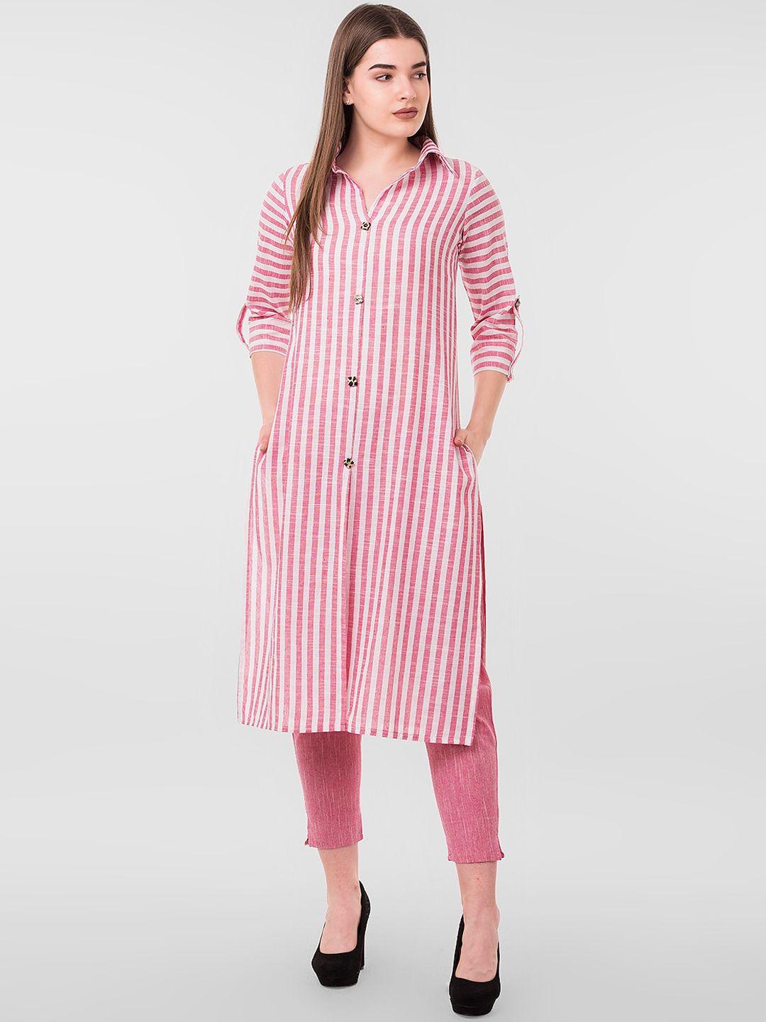 kalini women pink striped pleated kurta with trousers