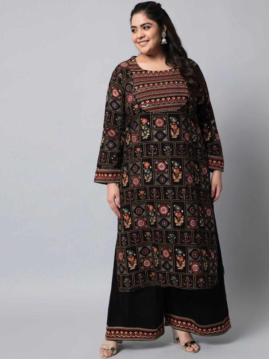 kalini women plus size black floral printed sequinned kurta with palazzos