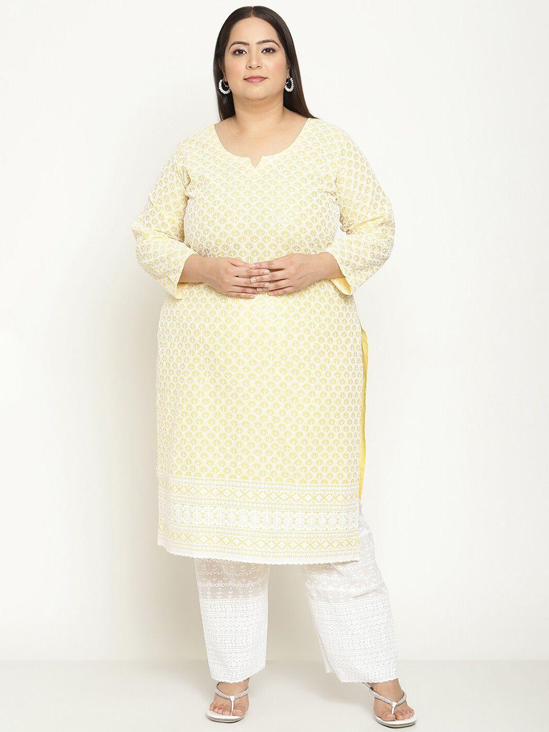 kalini women plus size ethnic motifs embroidered notched neck cotton chikankari kurta