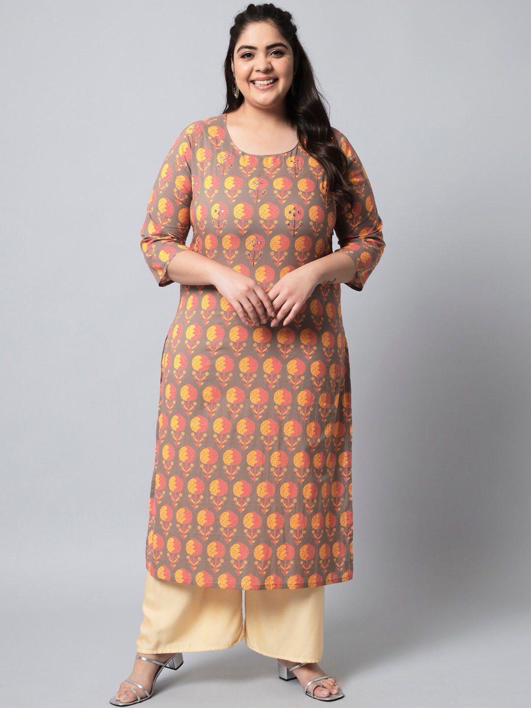 kalini women plus size grey & orange ethnic motifs printed pure cotton straight kurta