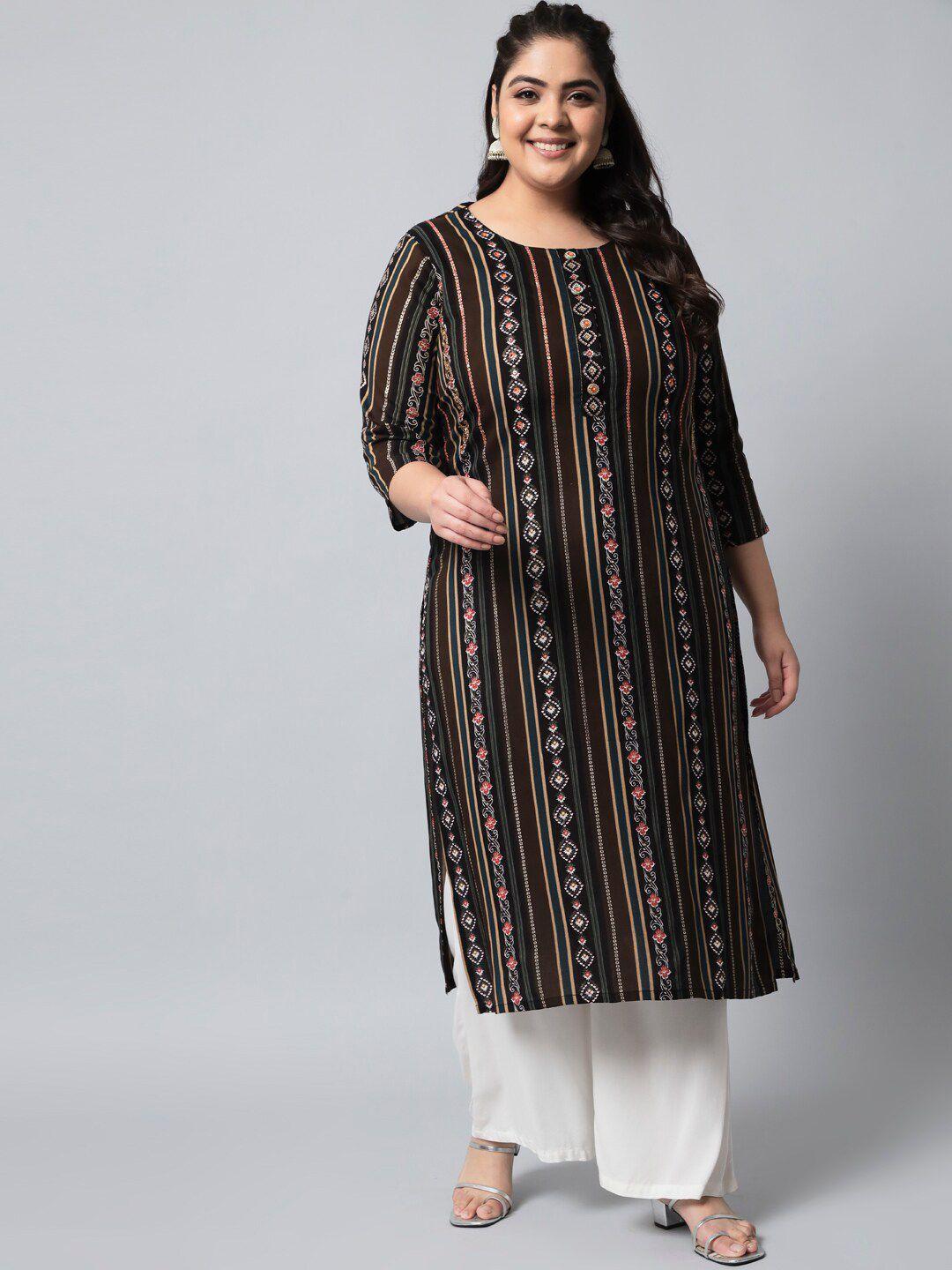 kalini women plus size olive green & beige striped straight kurta