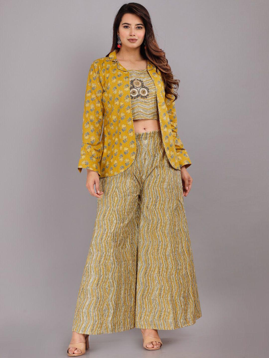 kalini women printed pure cotton crop top with palazzo & jacket