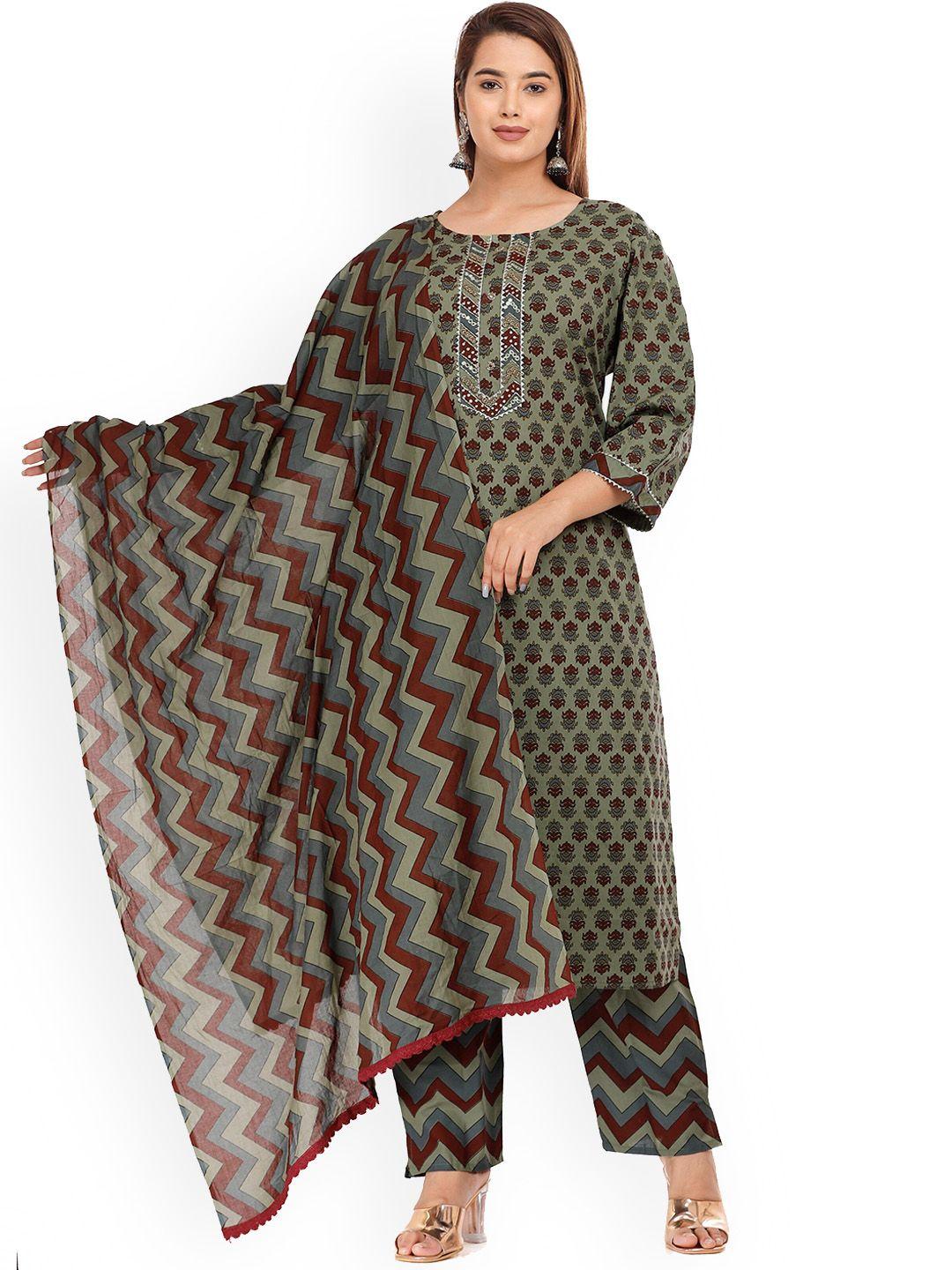 kalini women printed thread work pure cotton kurta with trouser & dupatta