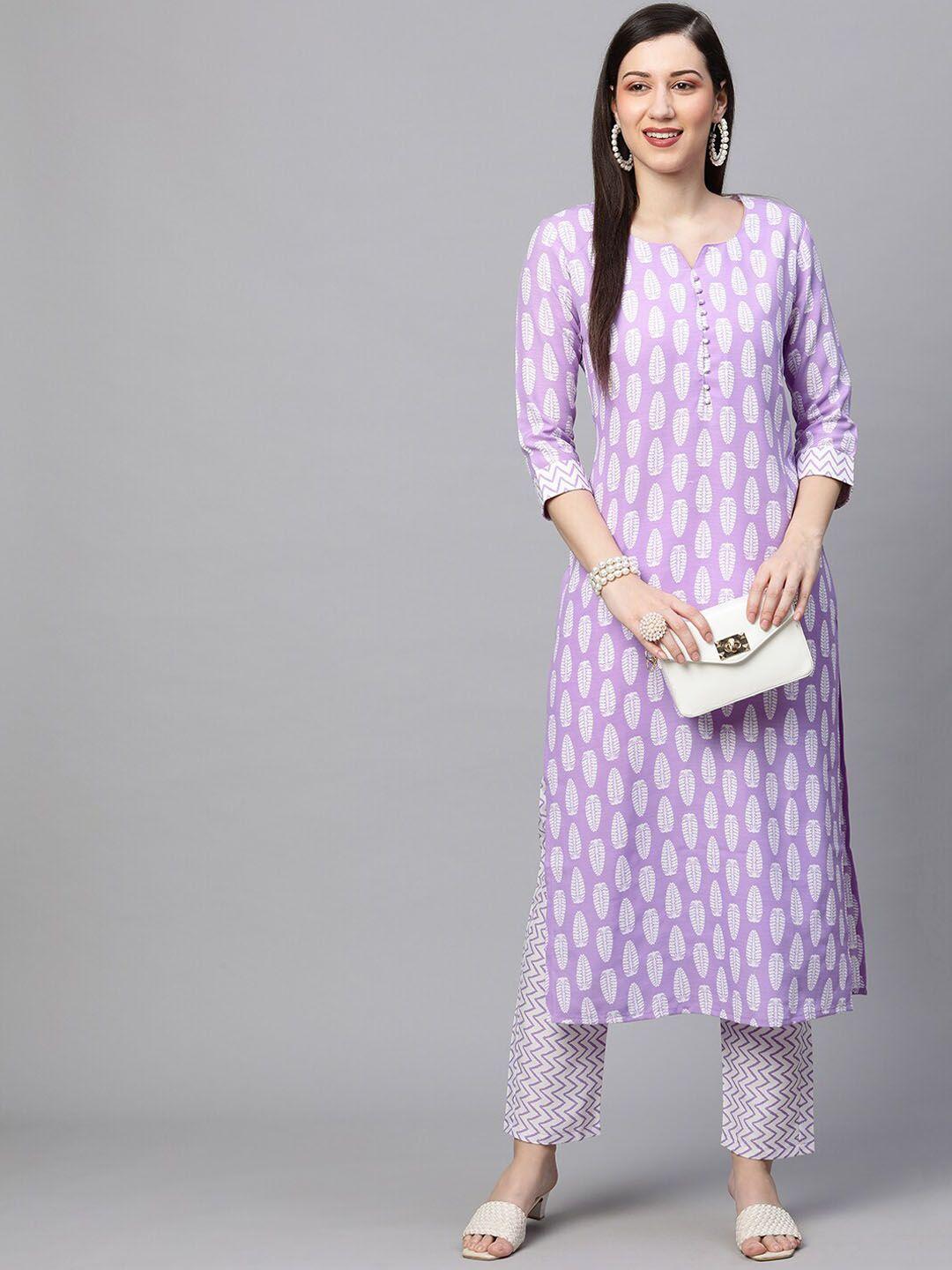 kalini women purple & white printed straight kurta with trousers