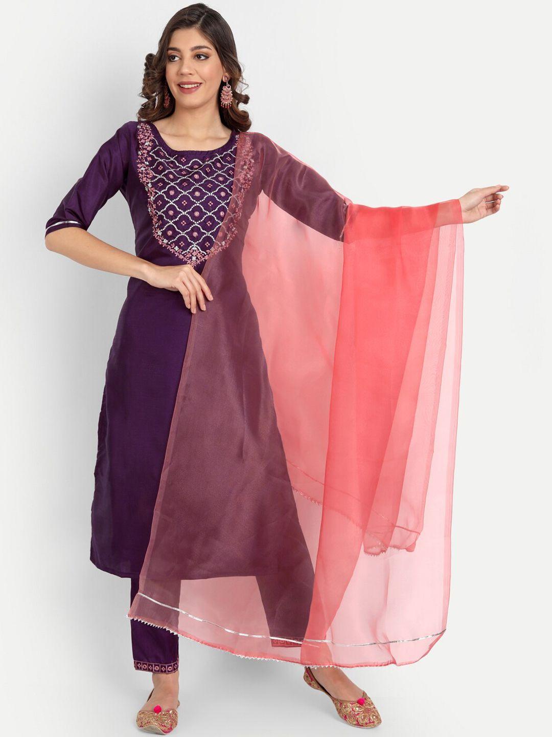 kalini women purple ethnic motifs embroidered regular mirror work kurta with trousers & with dupatta
