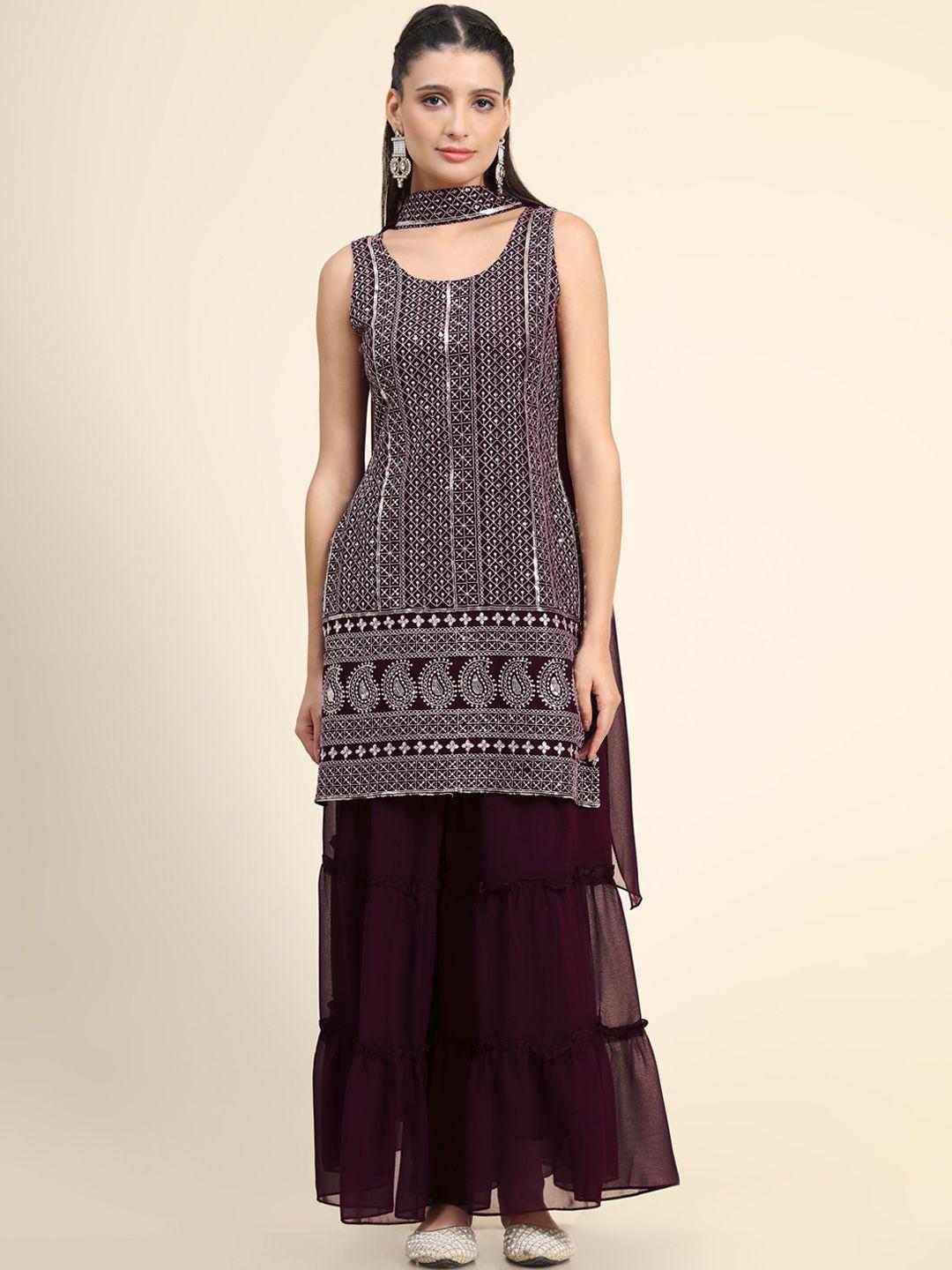 kalini women purple ethnic motifs embroidered sequinned kurti with sharara & with dupatta