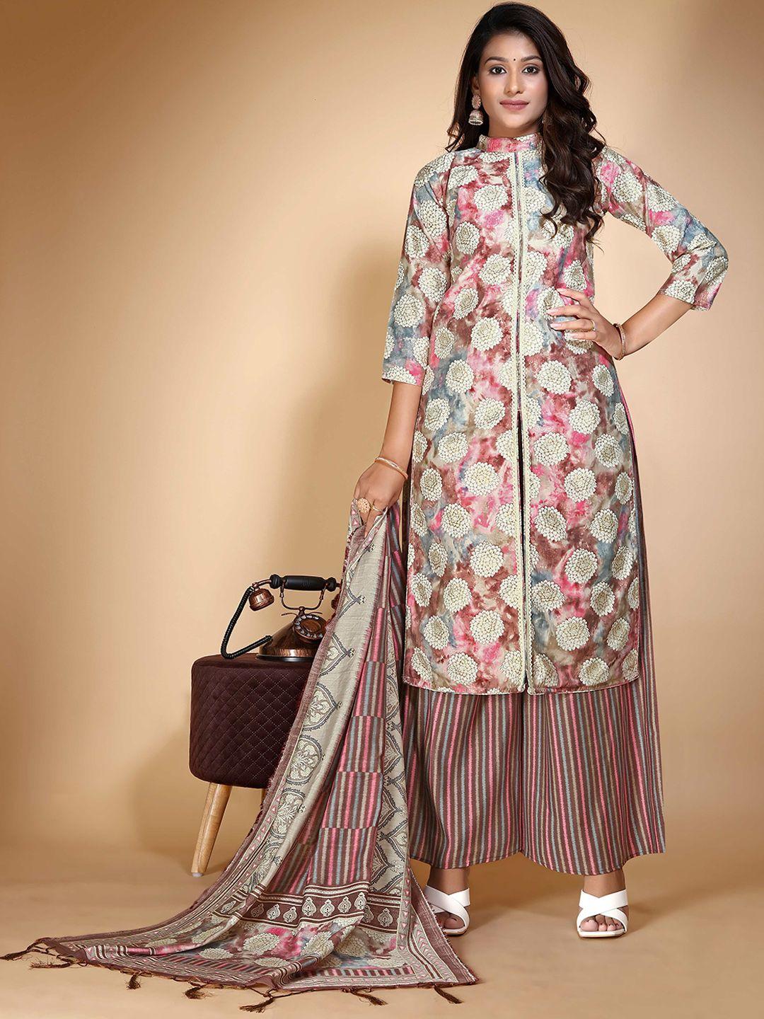 kalini women purple ethnic motifs printed regular chanderi cotton kurta with palazzos & with dupatta