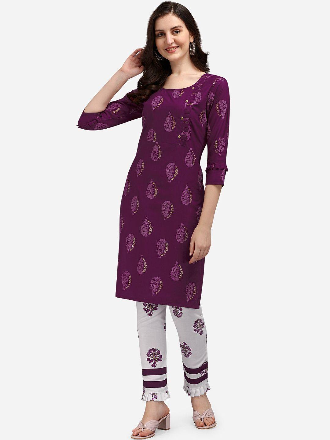 kalini women purple floral printed regular kurti with trousers