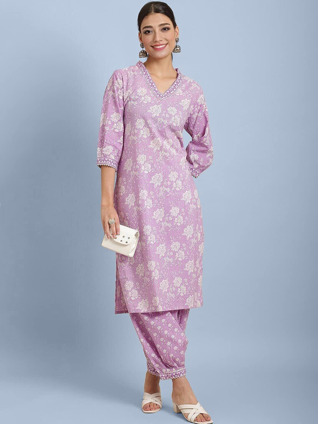 kalini women purple floral printed regular mirror work pure cotton kurta with harem pants