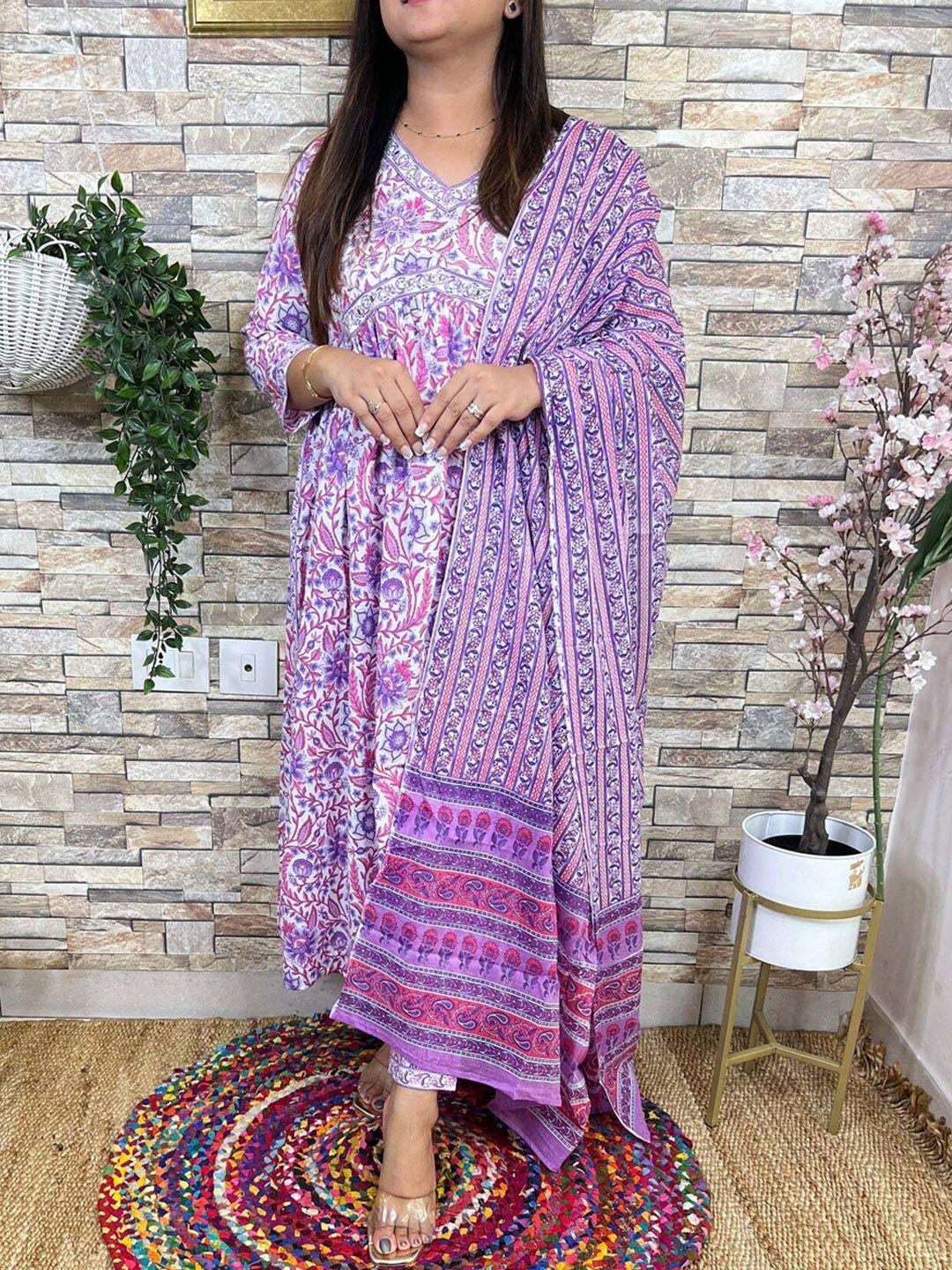 kalini women purple floral printed regular mirror work pure cotton kurta with patiala & with dupatta