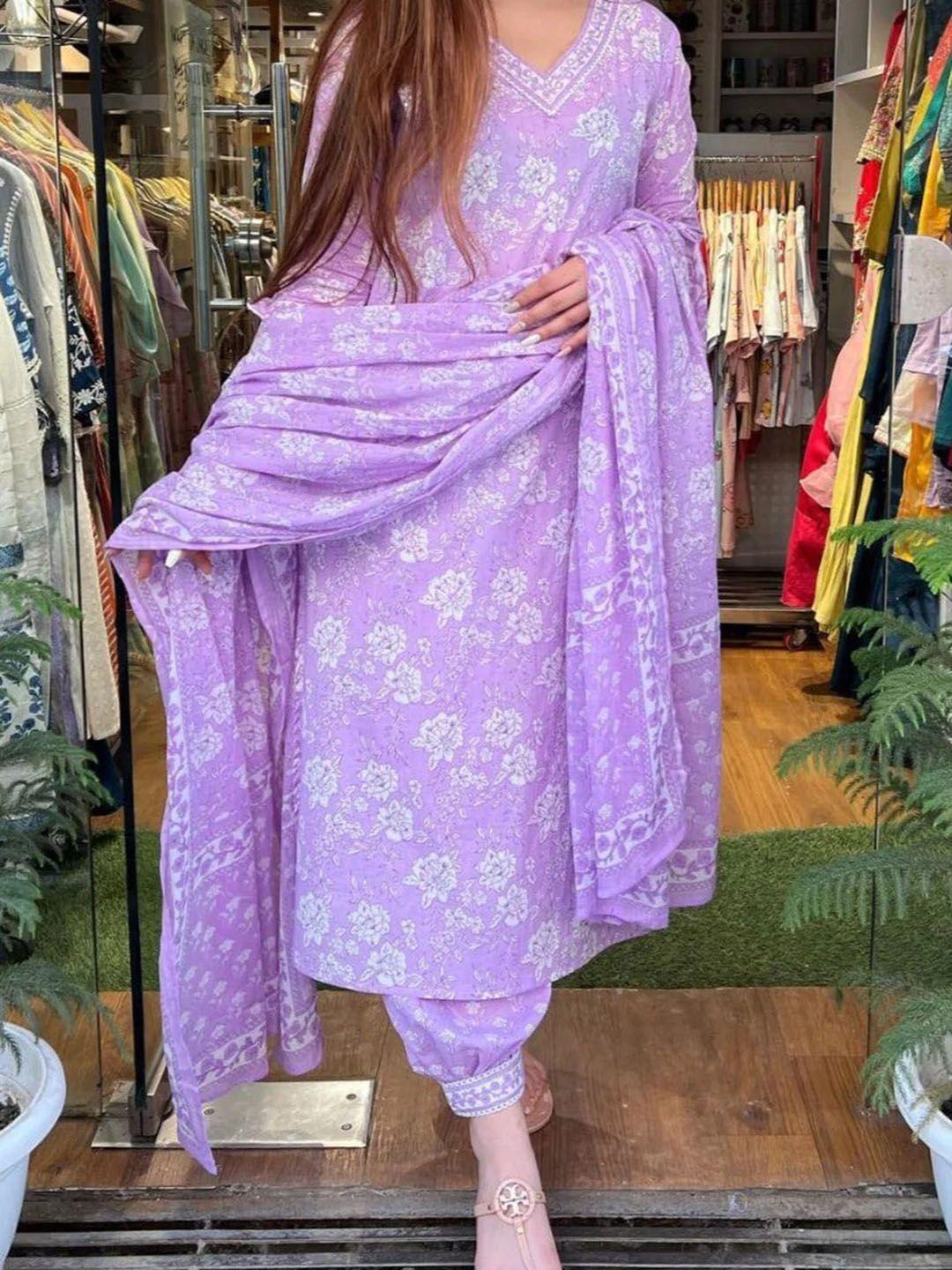 kalini women purple floral printed regular mirror work pure cotton kurta with patiala & with dupatta