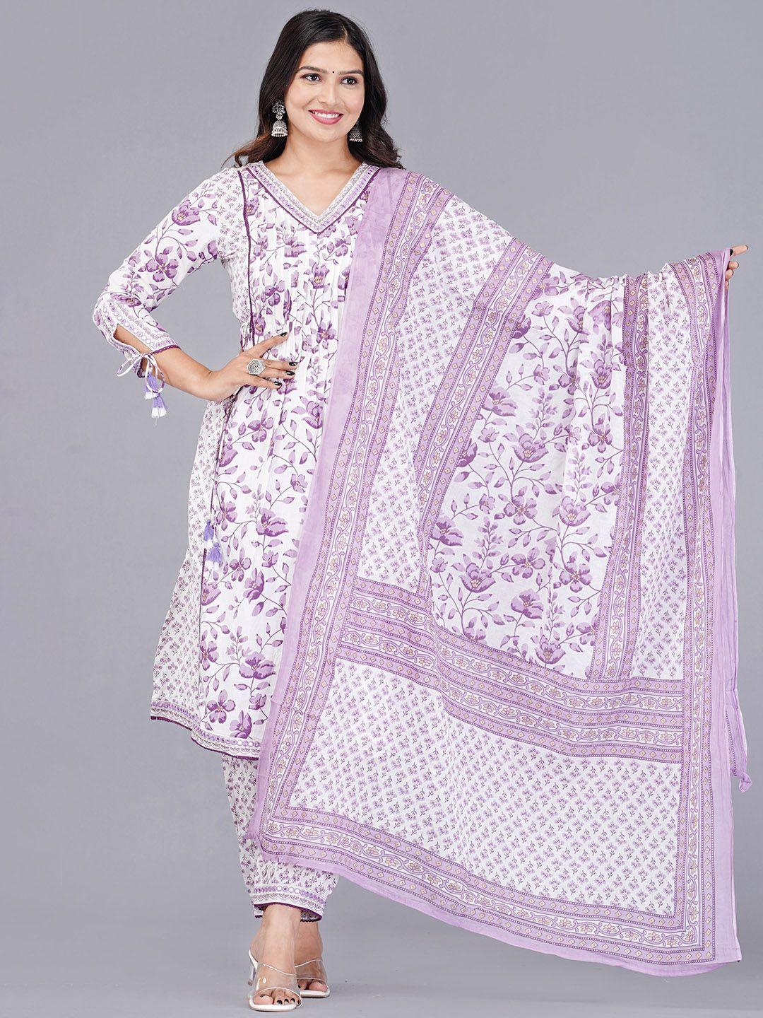 kalini women purple floral yoke design pleated aari work pure cotton kurta with patiala & with dupatta