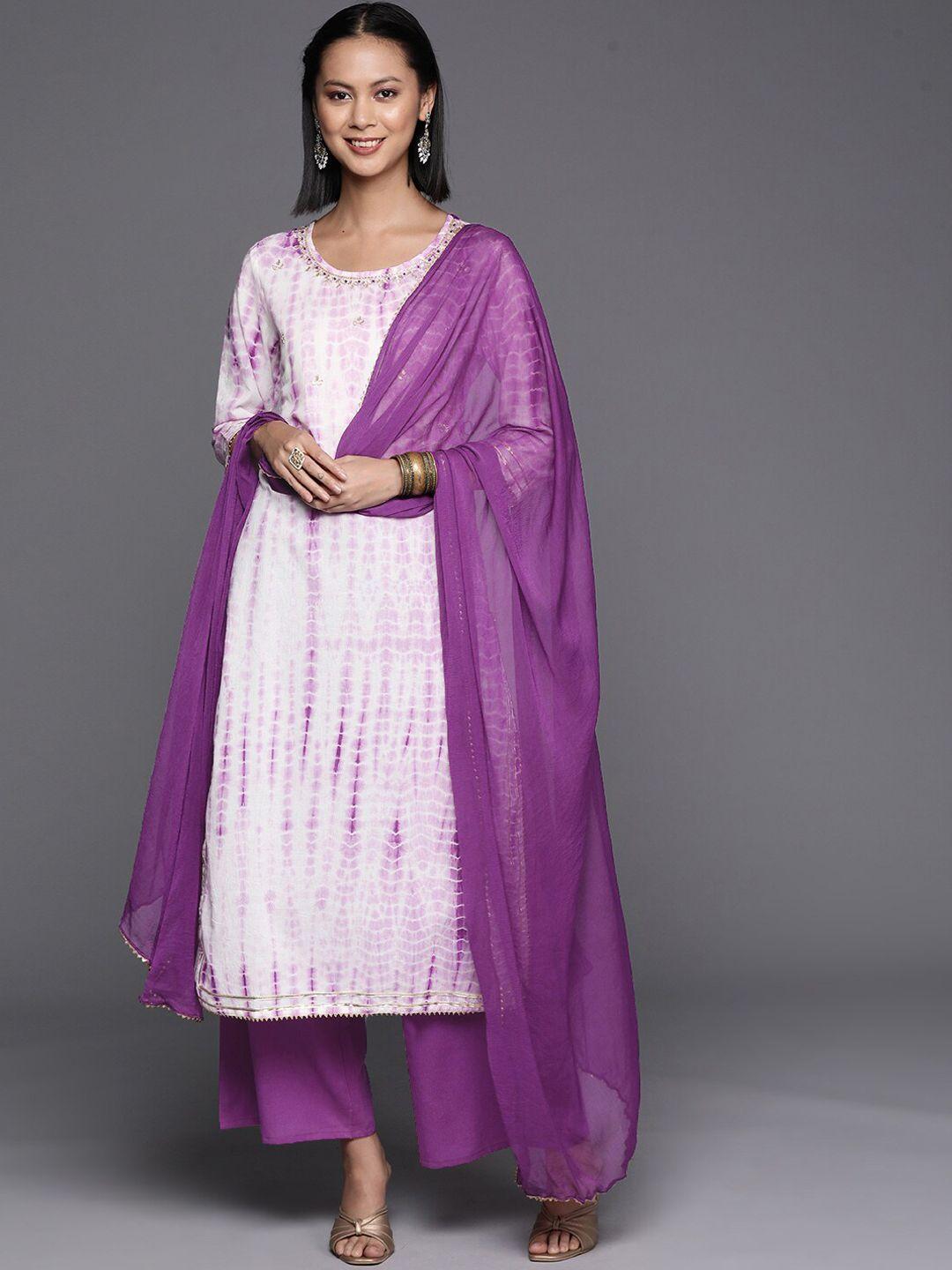 kalini women purple leheriya printed regular pure cotton kurta with palazzos & with dupatta