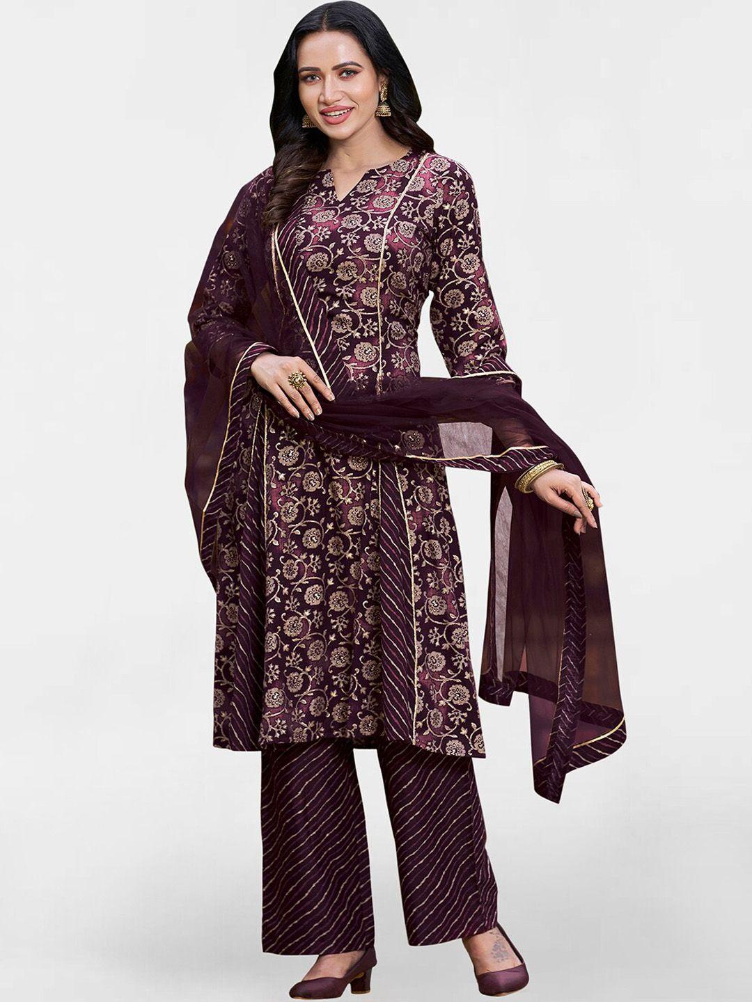 kalini women purple printed regular kurta with trousers & with dupatta