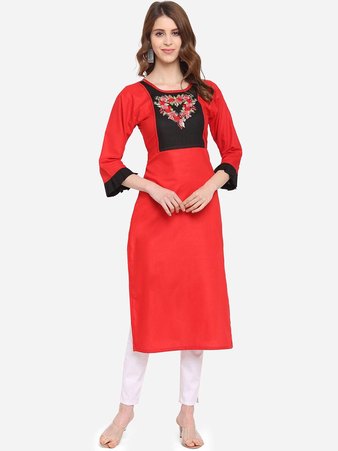 kalini women red & black embroidered thread work straight kurta