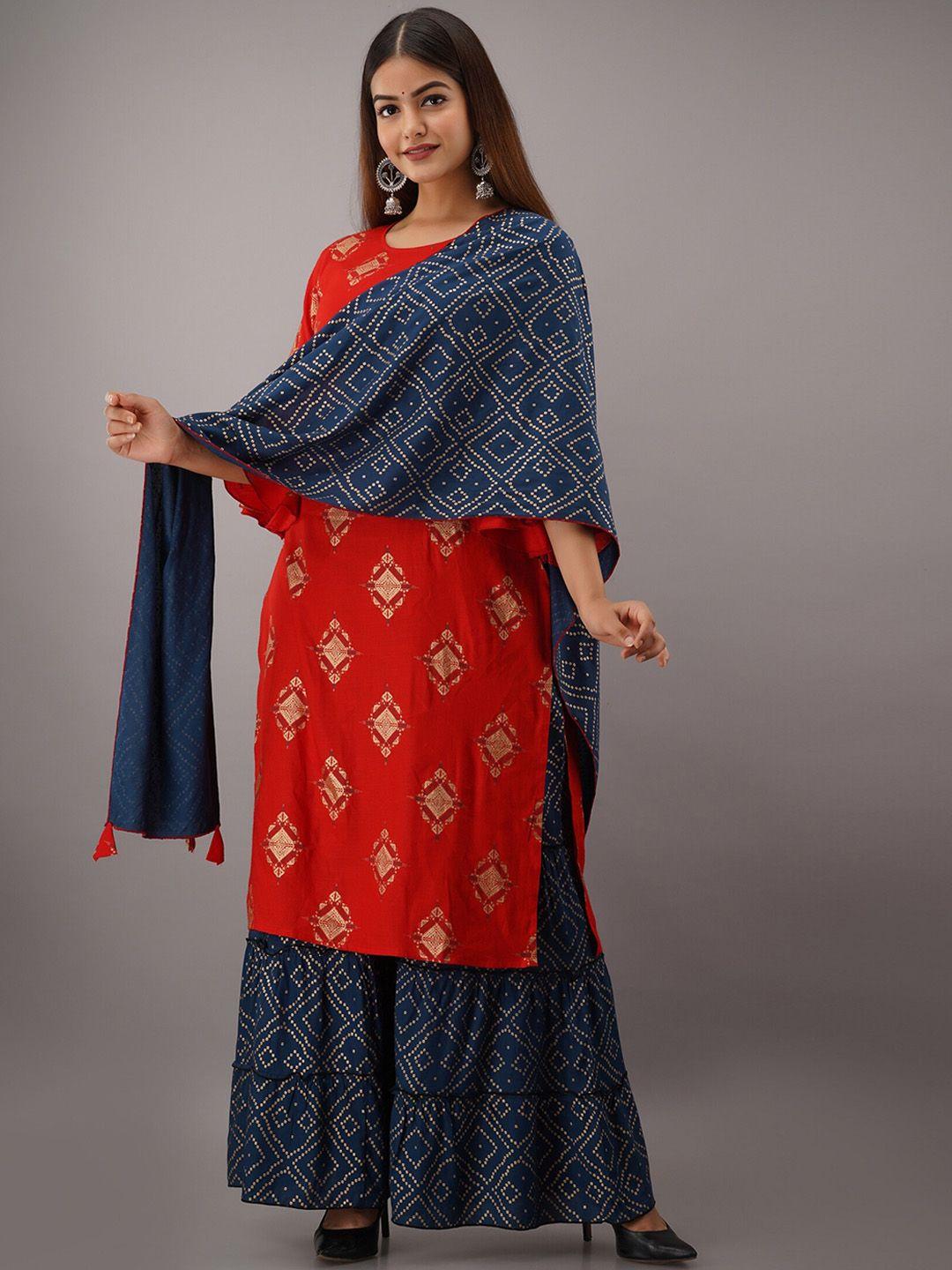 kalini women red & blue ethnic motifs printed kurta with sharara & dupatta