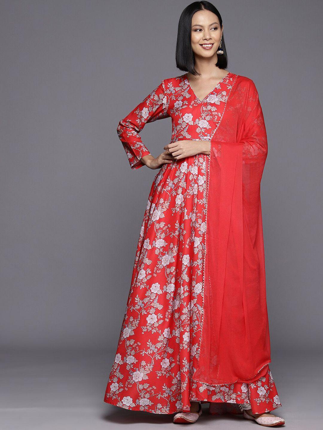 kalini women red & cream-coloured floral printed floral anarkali kurta