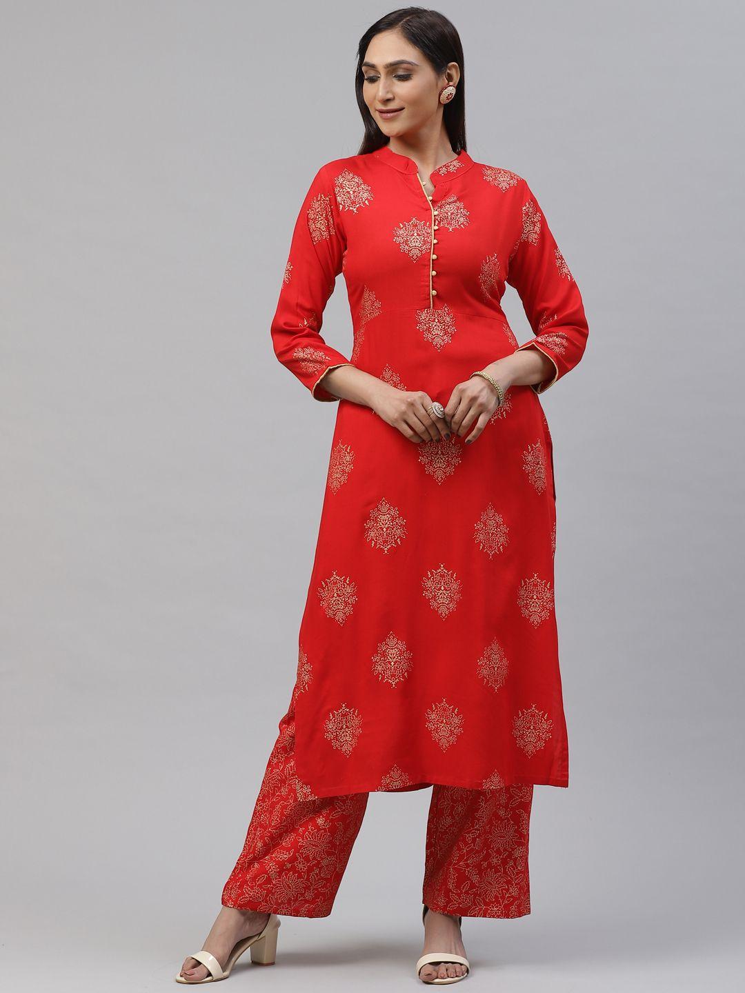 kalini women red & golden printed kurta with palazzos