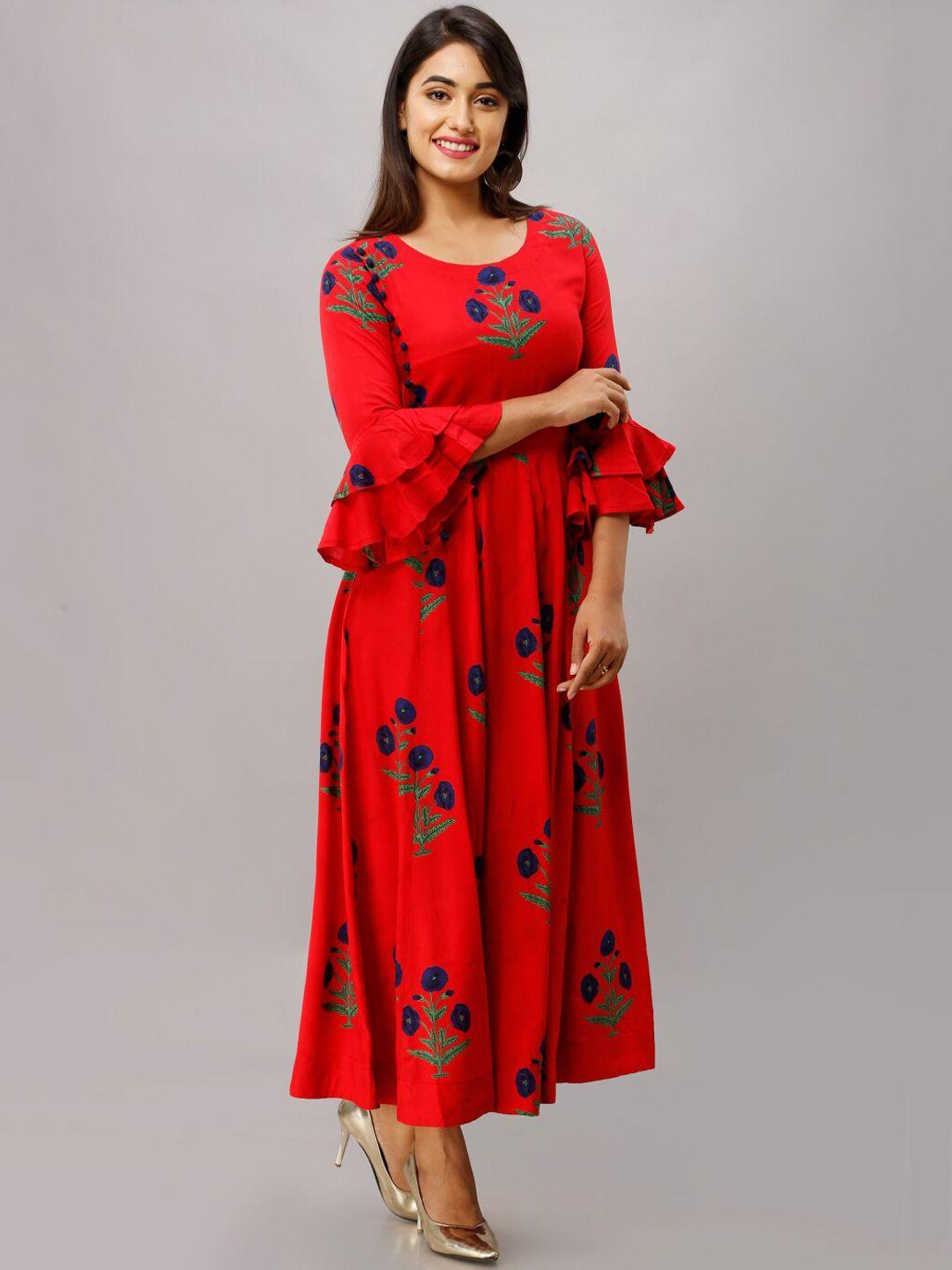 kalini women red & navy blue floral printed flared sleeves anarkali kurta