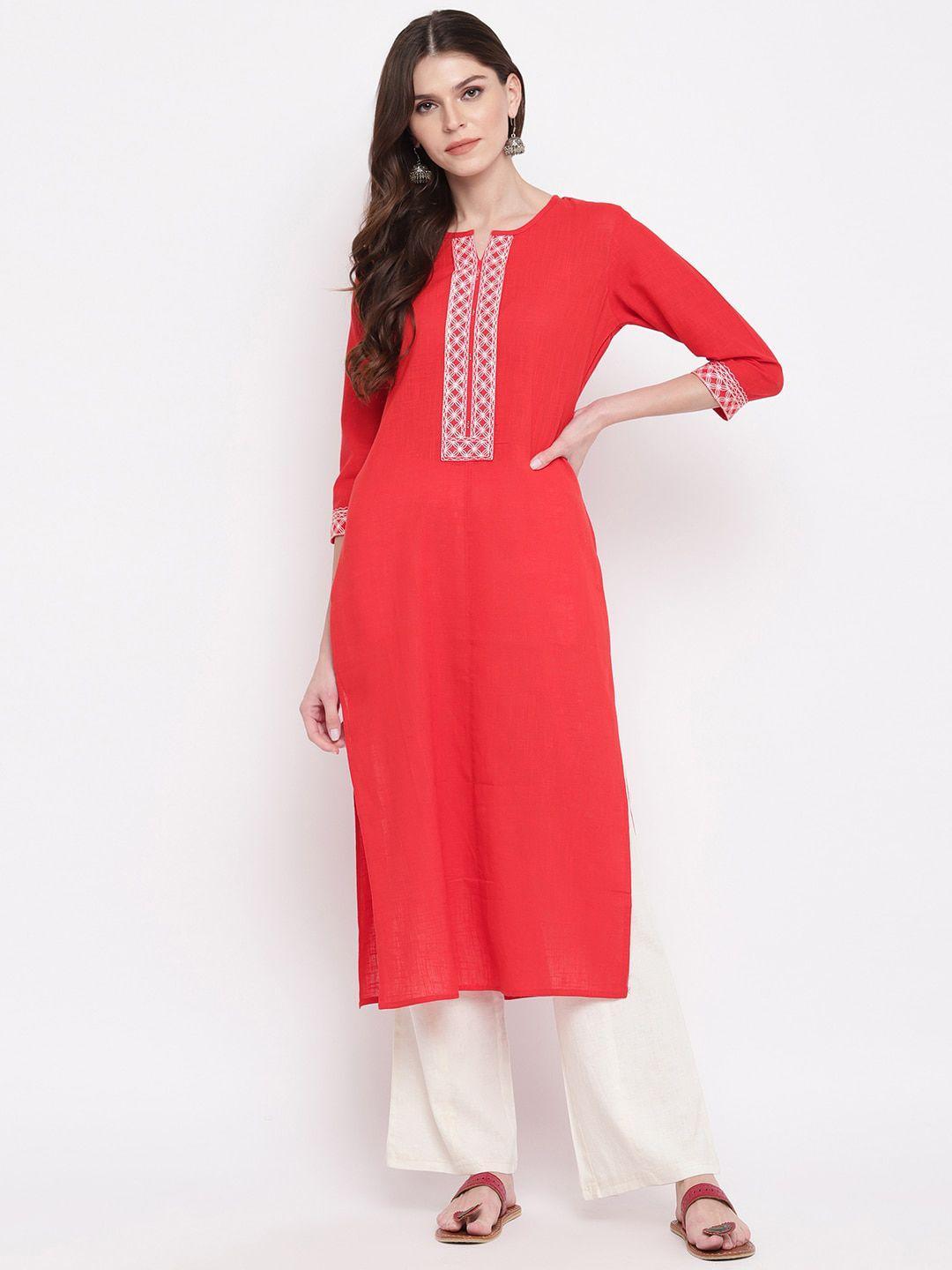 kalini women red & white yoke design cotton straight kurta