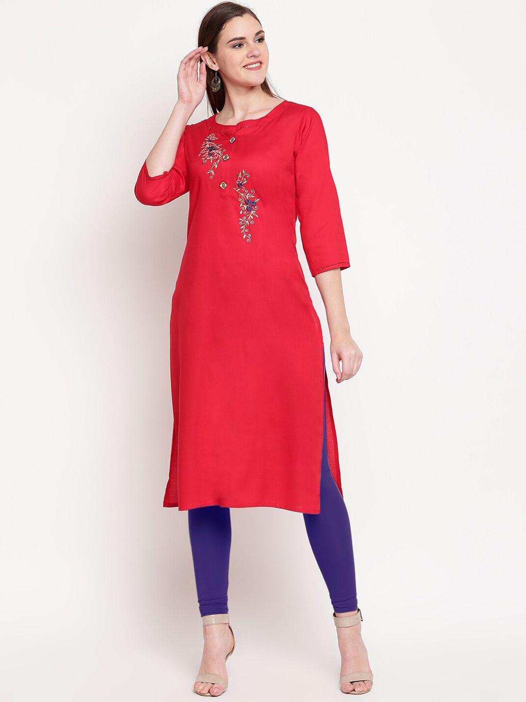 kalini women red  embroidered viscose rayon straight kurta