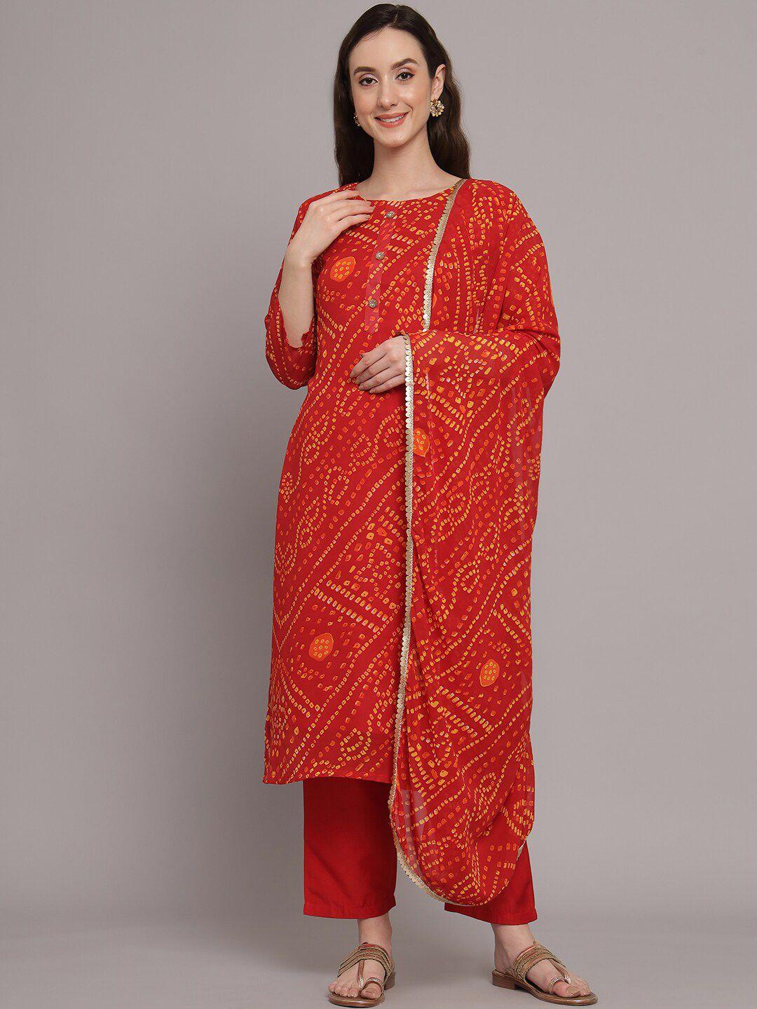 kalini women red bandhani printed regular kurta with trousers & with dupatta
