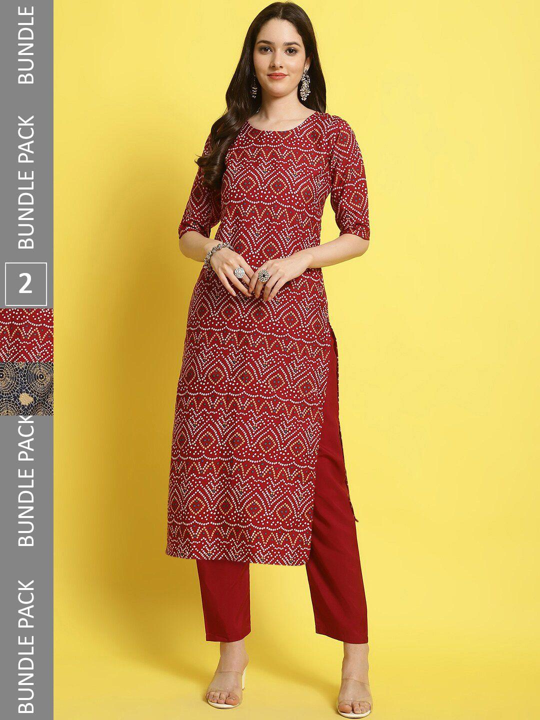 kalini women red bandhani printed regular kurta with trousers