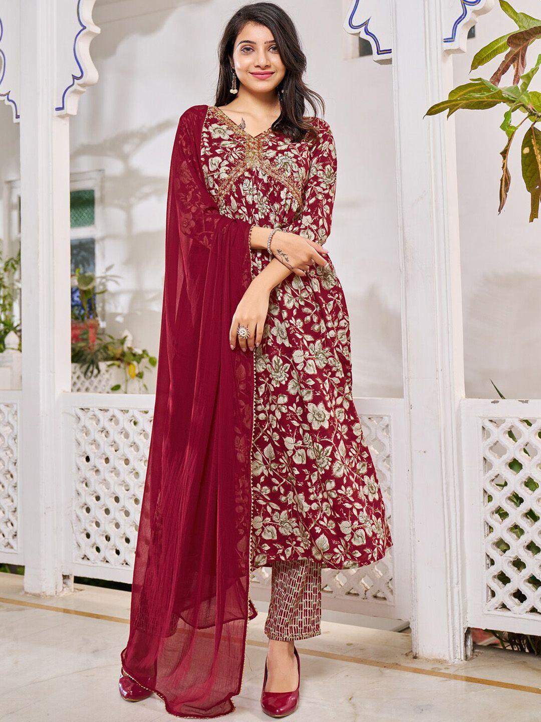 kalini women red embroidered pleated sequinned kurta with trousers & with dupatta