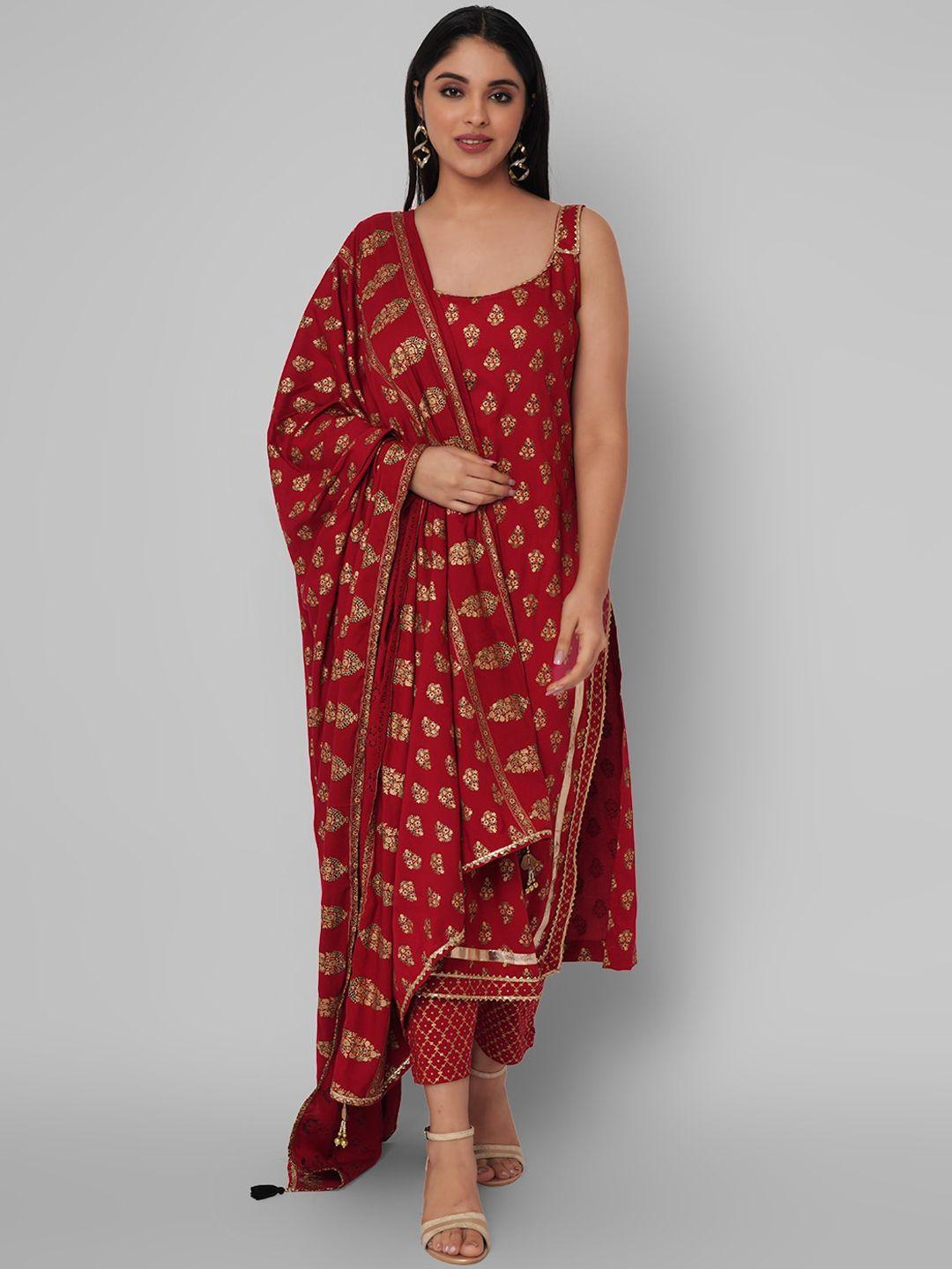 kalini women red ethnic motifs embroidered gotta patti kurti with trousers & with dupatta