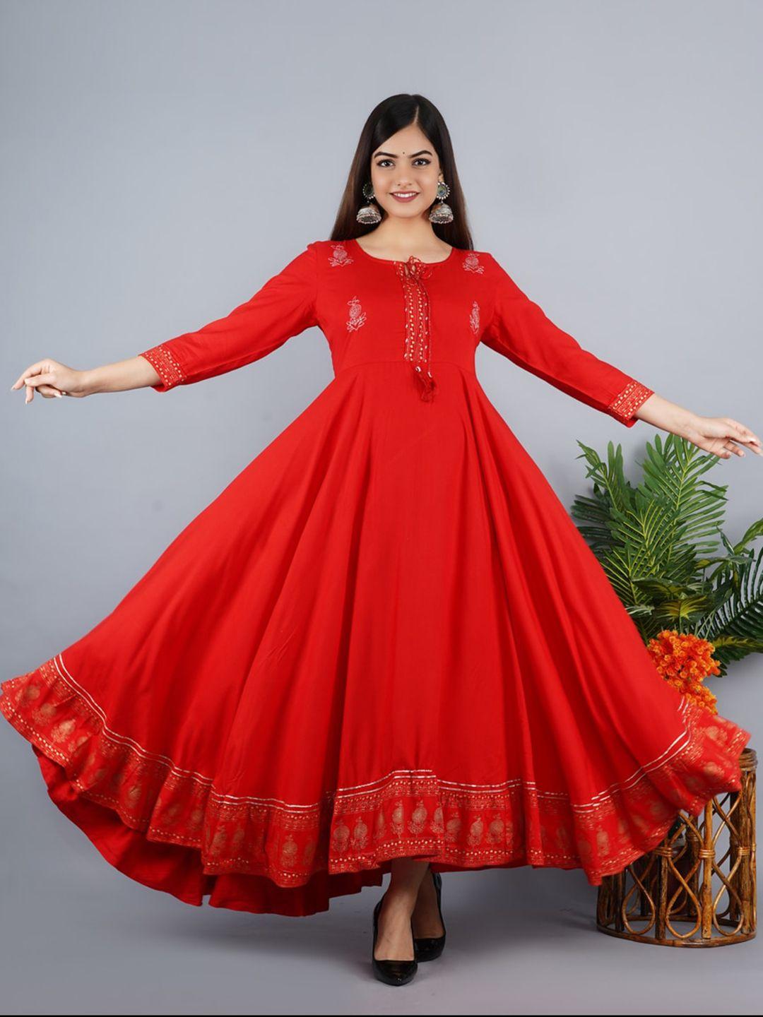 kalini women red ethnic motifs embroidered keyhole neck anarkali kurta