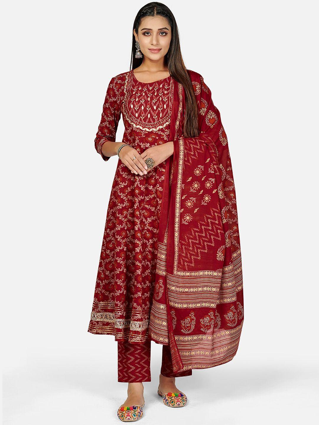 kalini women red ethnic motifs embroidered layered thread work pure cotton kurta trouser set with dupatta