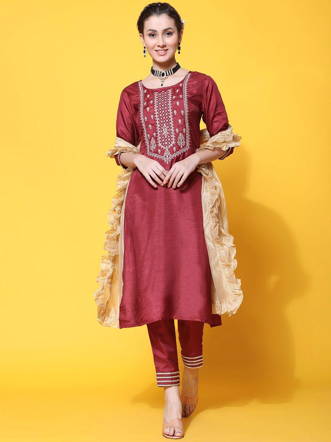 kalini women red ethnic motifs embroidered regular thread work pure silk kurta with trousers & with dupatta