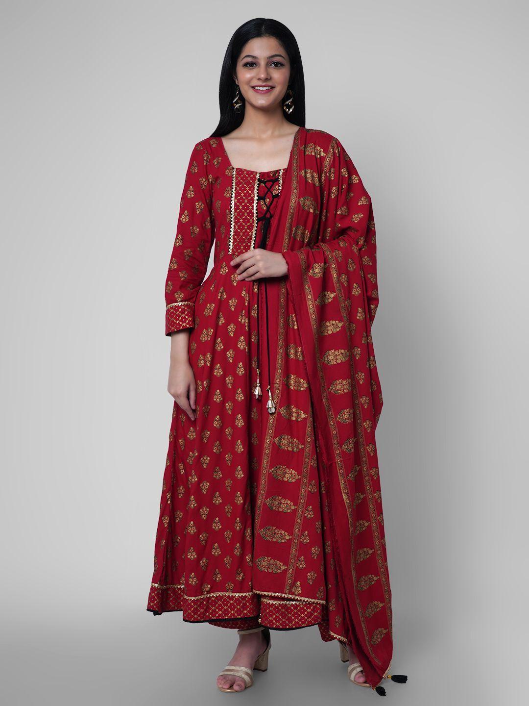 kalini women red ethnic motifs kurta with churidar & with dupatta