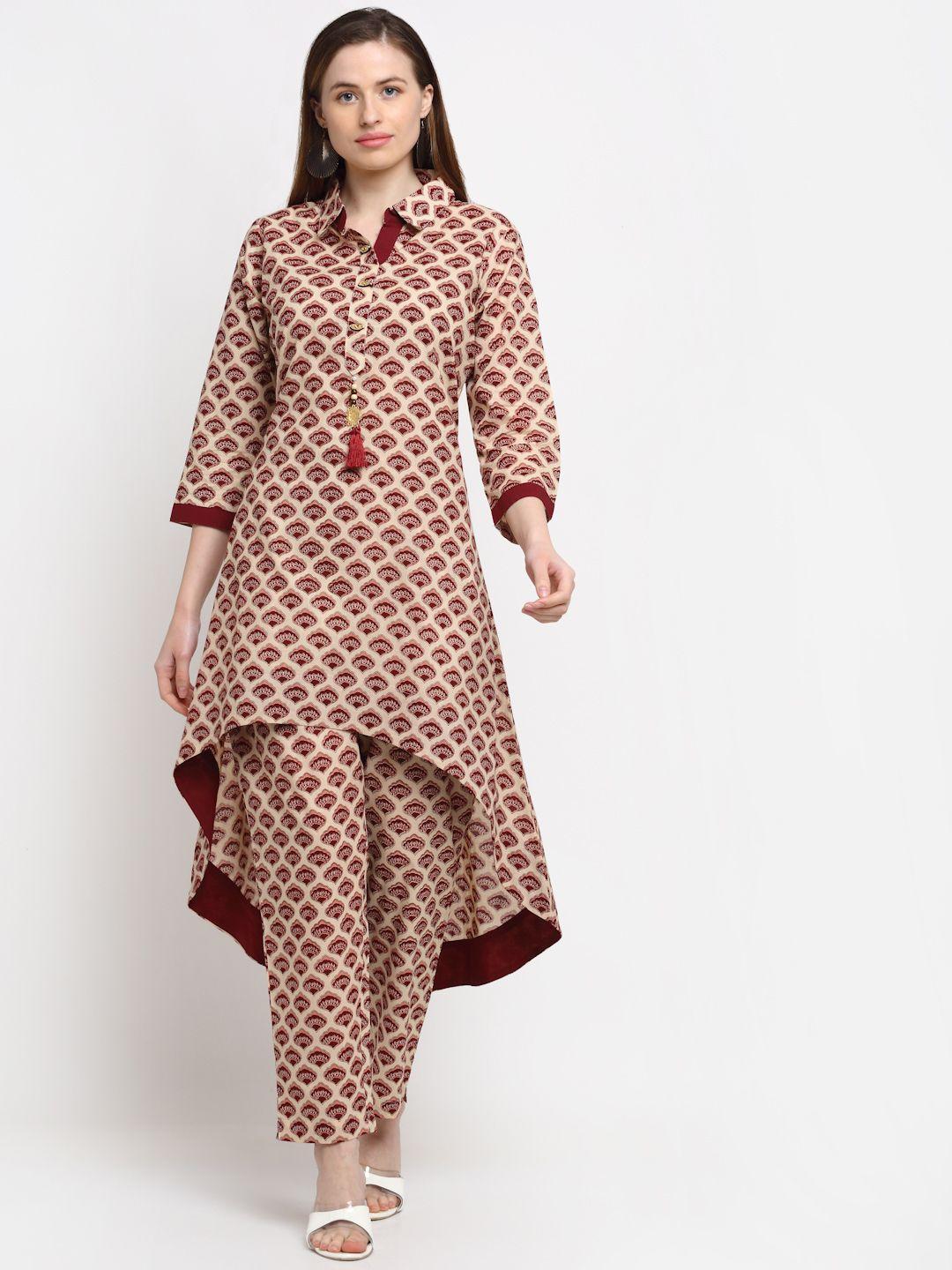 kalini women red ethnic motifs printed empire pure cotton high-low kurta with trousers