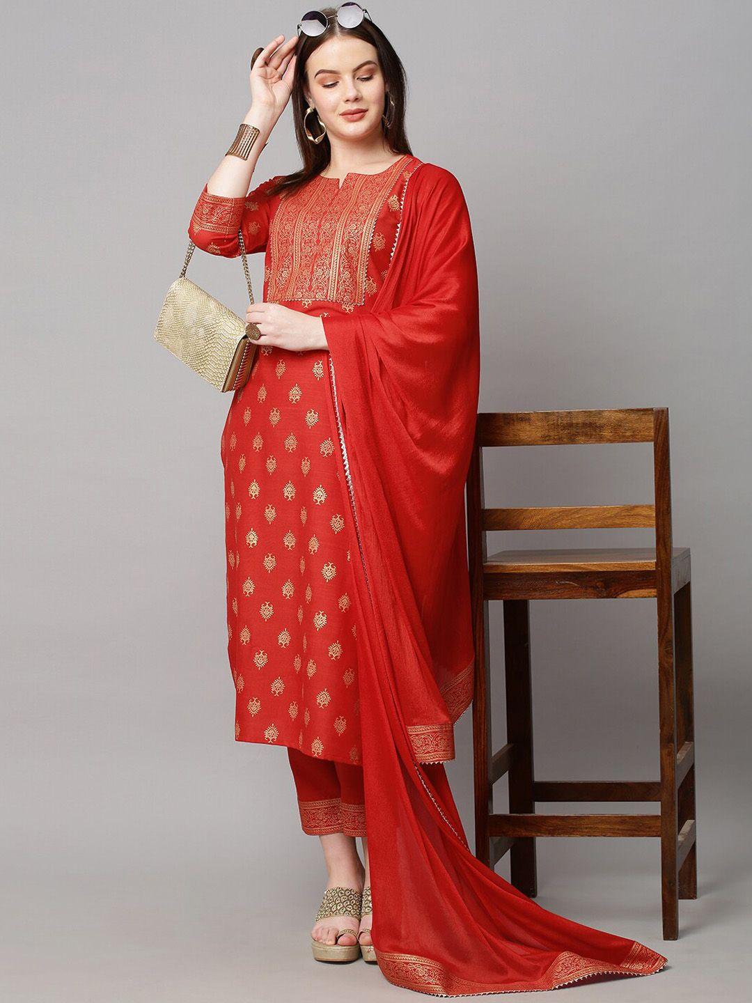 kalini women red ethnic motifs printed kurta with trousers & with dupatta